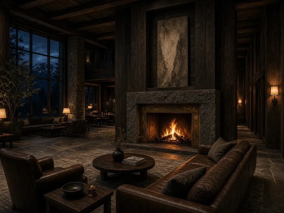 Lobby de madera oscura y fuego en Lenga Austral
